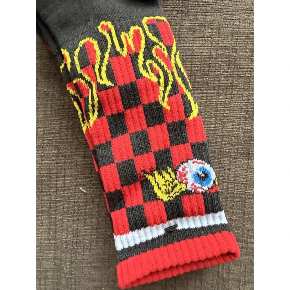 NWT Von Dutch Men's Crew Socks 3 Pairs Black Red Yellow White Check Flame Design